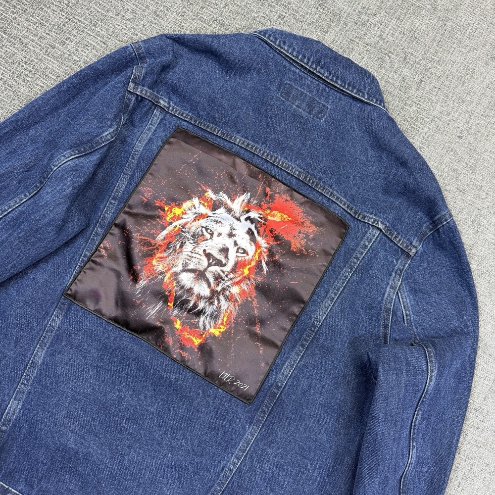 Denim Jacket Port Authority Mens 2XL‎ Blue Lion Animal Print Trucker Biker Y2K